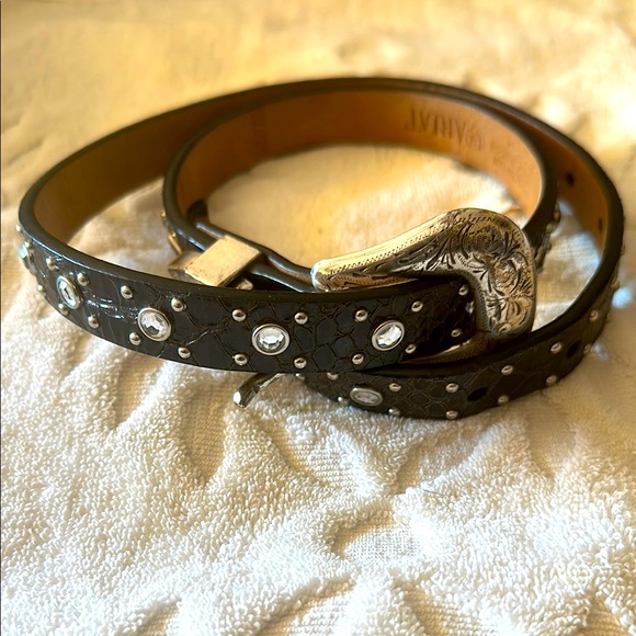 Ariat Black Bling Leather Belt Sz 30” Clear Crystal Studs Western Silver Tone - Picture 1 of 7